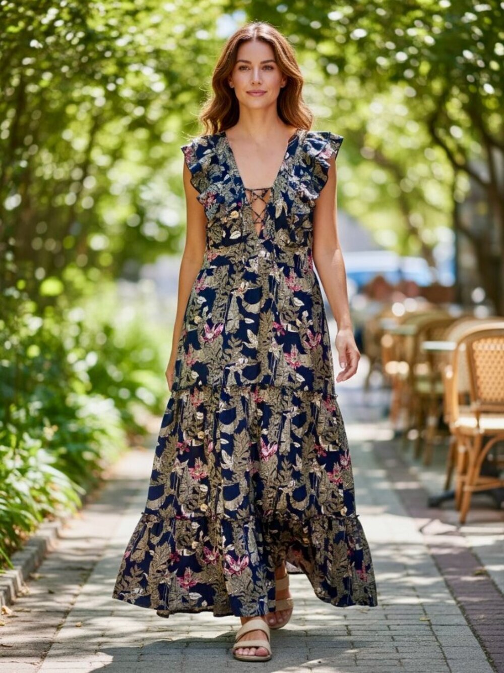 NEW America & Beyond Floral Tie-Back Maxi Dress, Navy and Pink, Large